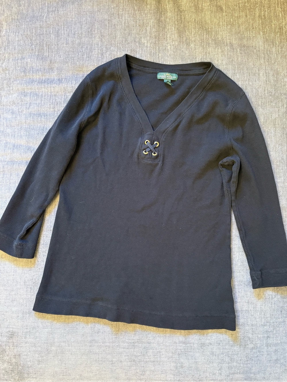 Black Waffle Henley Top with Lace-Up Detail